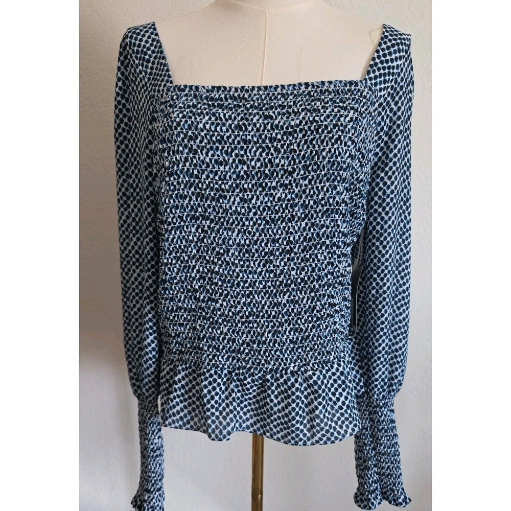 Blue and White NWT Smocked Corsett Long Sleeve Smocked Blouse Size L Festival